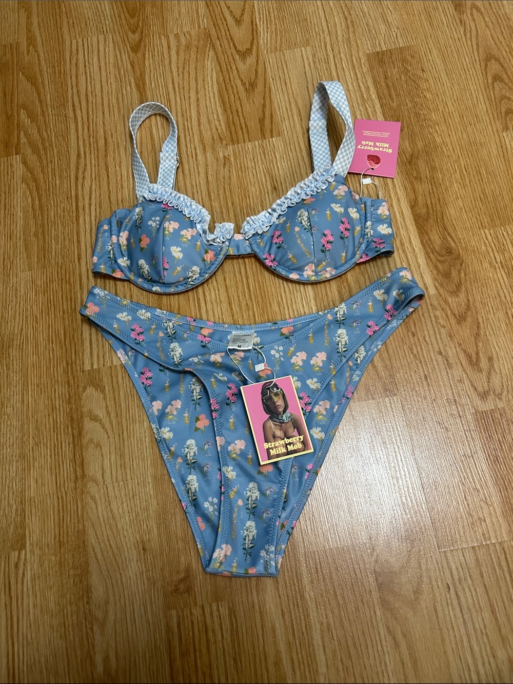 Strawberry Milk Mob Blue Floral Underwire Bikini Set with Pink & Yellow Accents